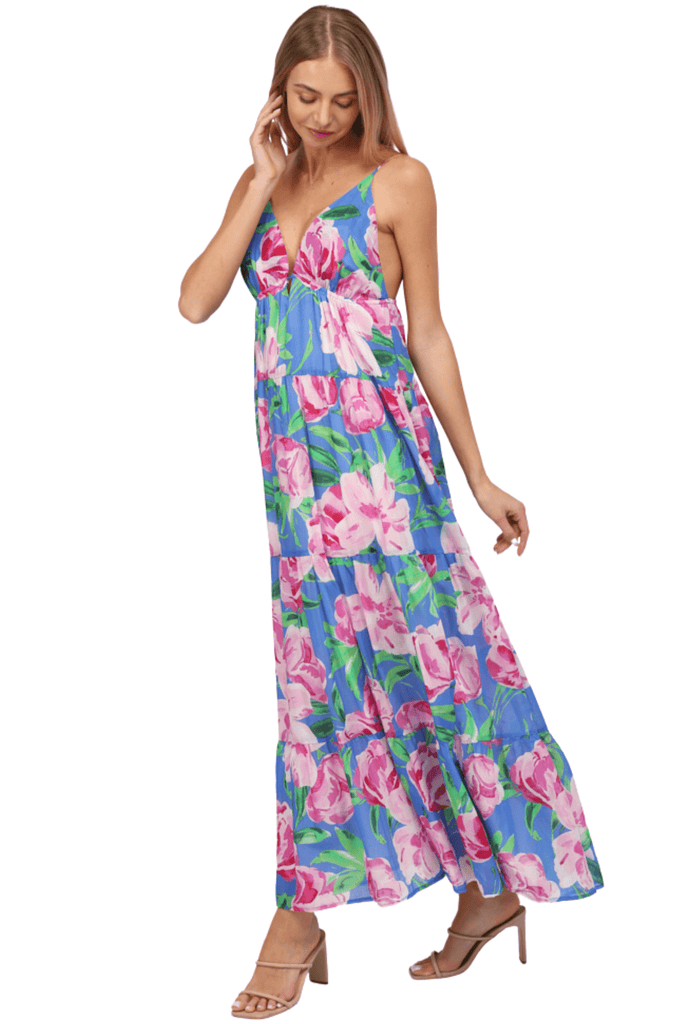 Fate By LFD Floral Print Tie Back Tiered Dress Royal Blue / Pink