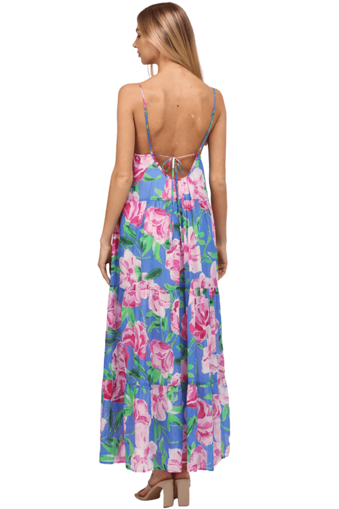 Fate By LFD Floral Print Tie Back Tiered Dress Royal Blue / Pink