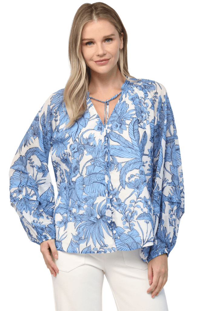 Fate By LFD Tropical Print Cotton Voile Tie Neck Blouse Blue/White