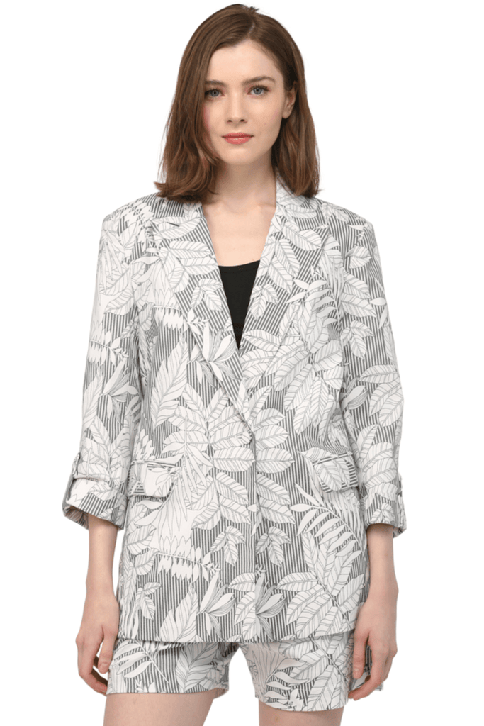 Fate By LFD Leaf Printed Tab Sleeves Blazer Cream Charcoal