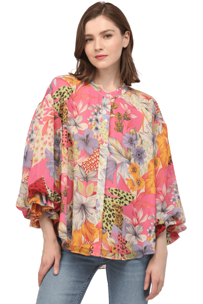 Fate By LFD Printed Chiffon Bubble Sleeve Blouse Ivory Pink