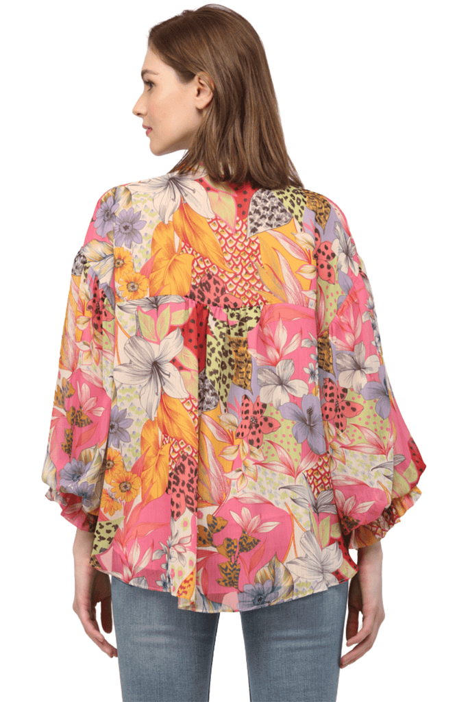 Fate By LFD Printed Chiffon Bubble Sleeve Blouse Ivory Pink