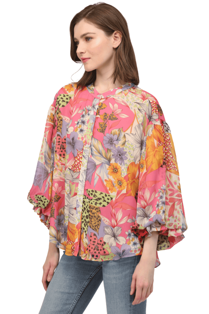 Fate By LFD Printed Chiffon Bubble Sleeve Blouse Ivory Pink