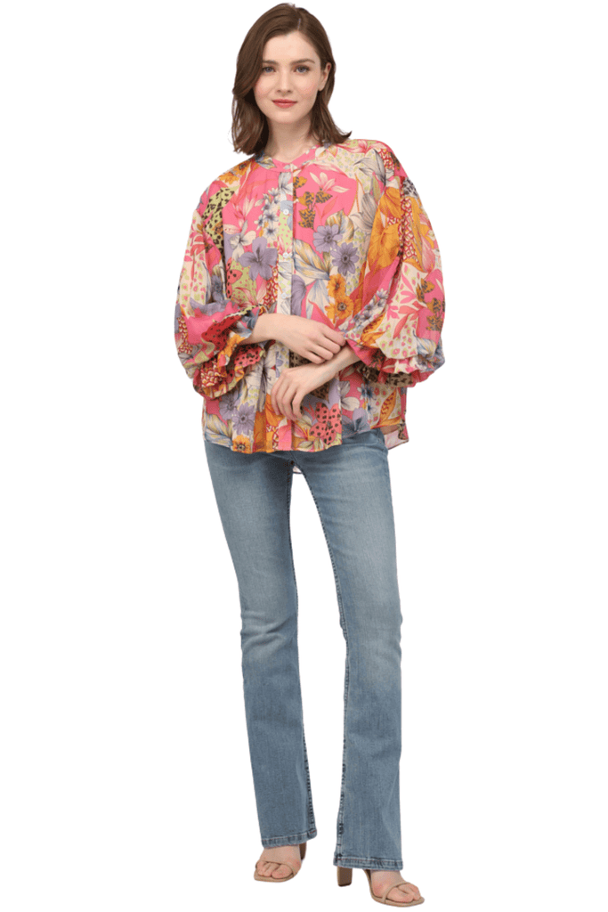 Fate By LFD Printed Chiffon Bubble Sleeve Blouse Ivory Pink