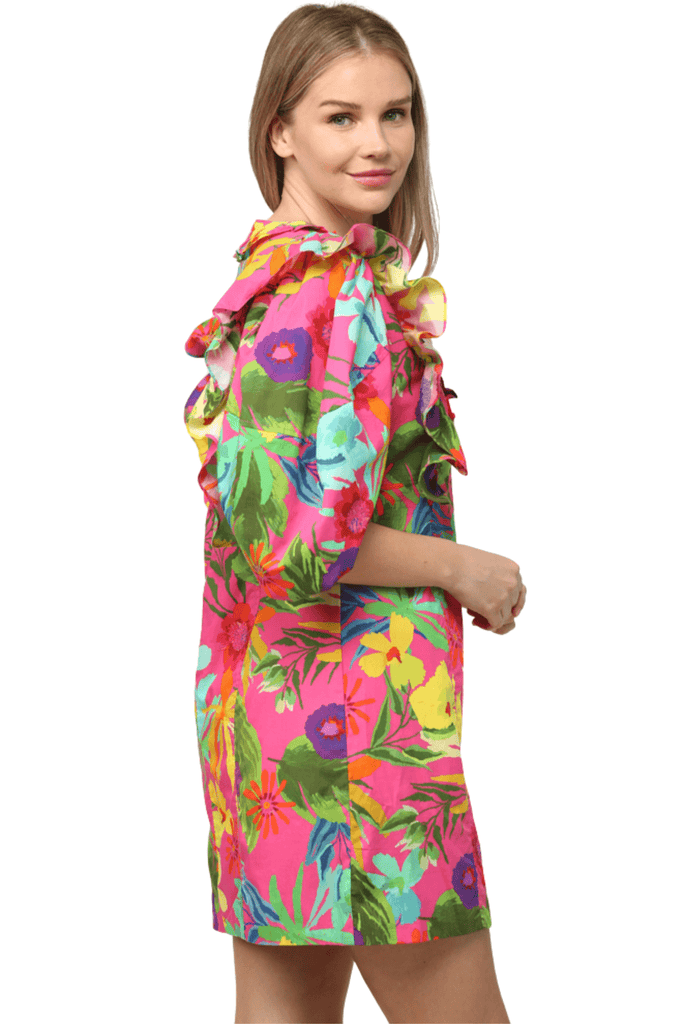Fate By LFD Tropical Print Poplin Ruffle Detail Dress Hot Pink Multi