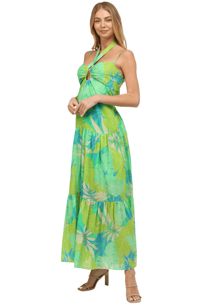 Fate By LFD Tropical Leaf Print Front Key Hole Maxi Dress Green Multi