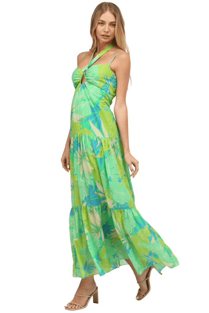 Fate By LFD Tropical Leaf Print Front Key Hole Maxi Dress Green Multi