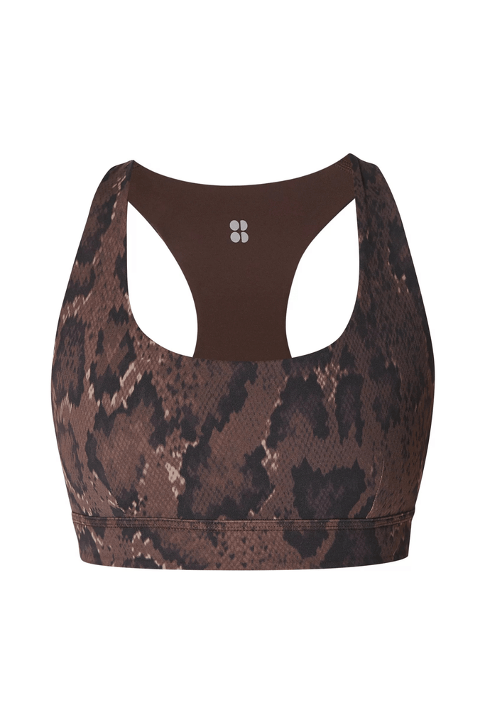 Sweaty Betty Super Soft Reversible Yoga Bra Brown Python Print Cacao Brown